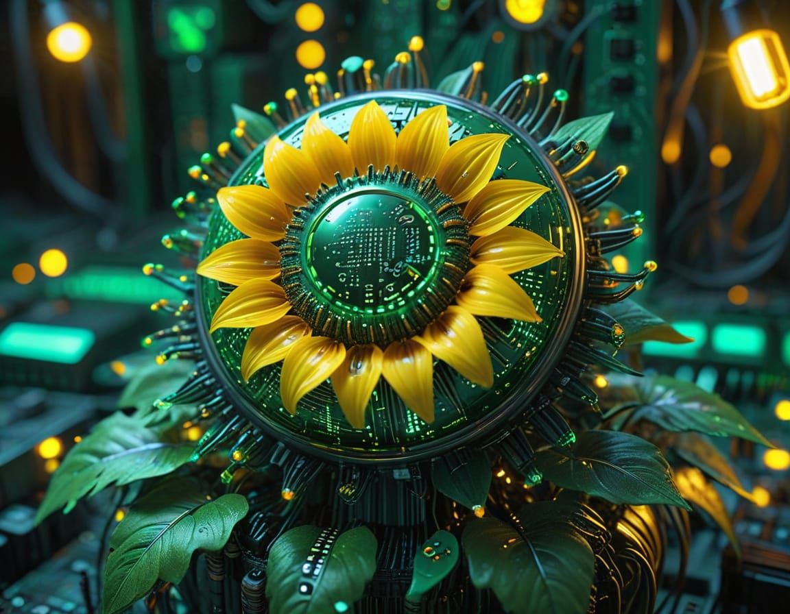 Sunflower Made of Circuit Boards and Binary Code