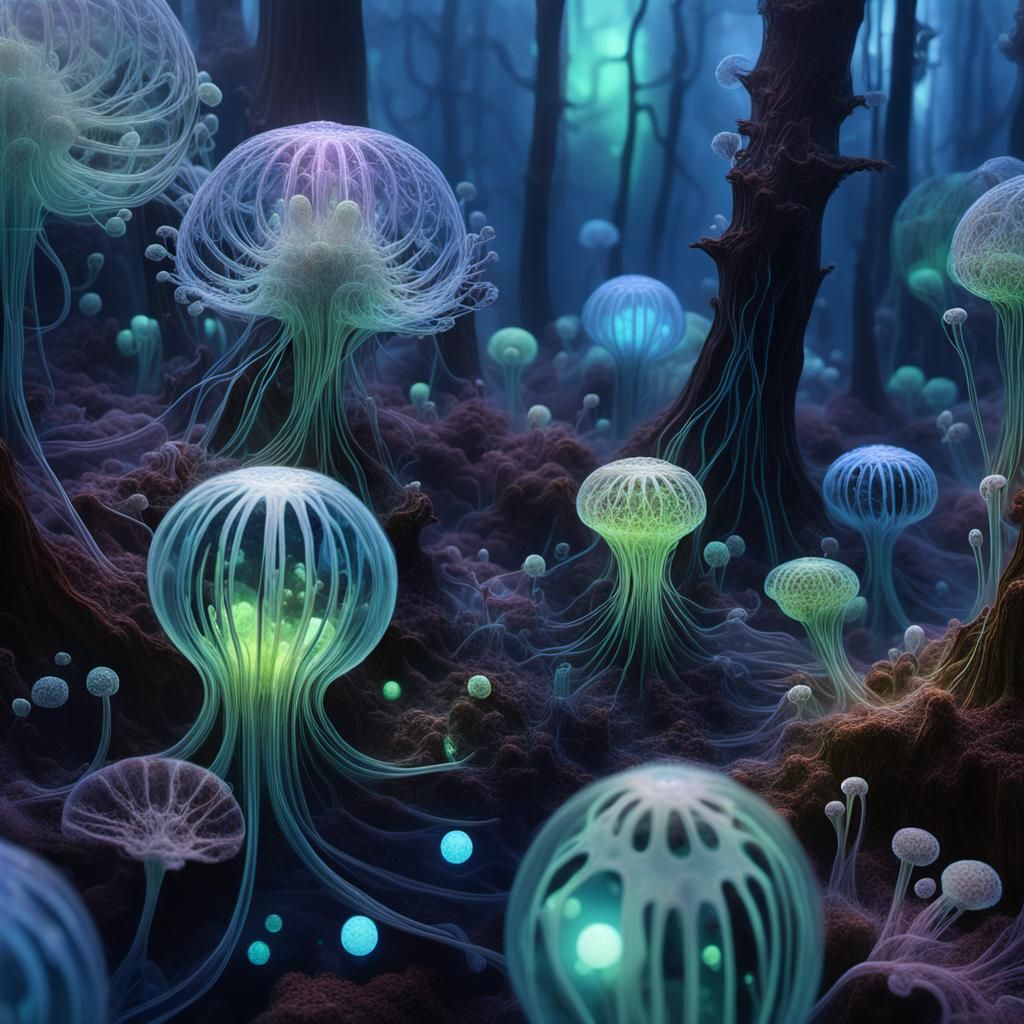 Bioluminescent Cell in a Misty Forest: Surreal Macro Photogr...