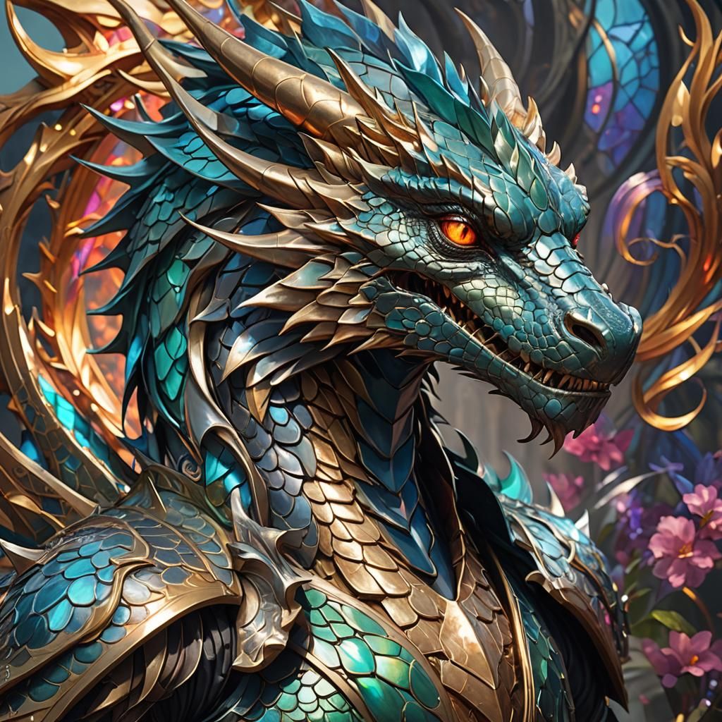 Majestic Tungsten Dragon Portrait in Art Nouveau Style