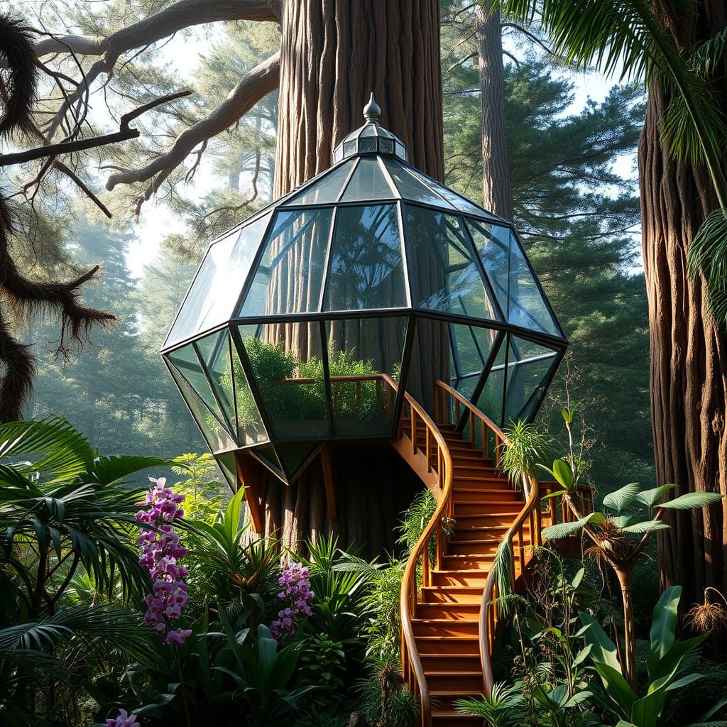 Glass Dodecahedron Greenhouse Amidst Giant Sequoia
