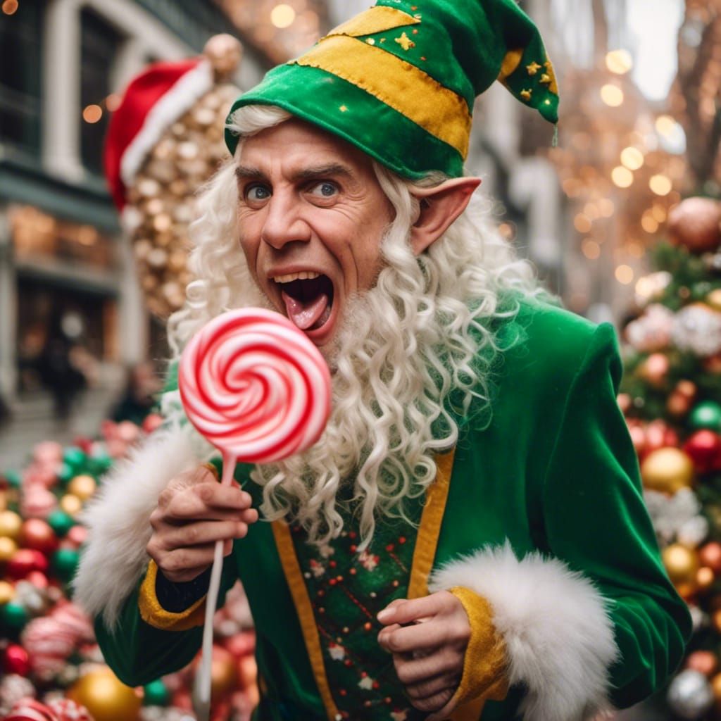 Elf licking a giant lollipop.