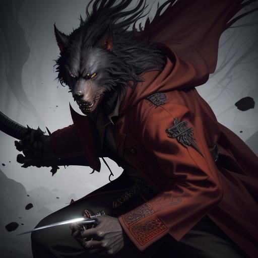 Towering Druid Werewolf with Katanas, Hyperrealistic Splash ...