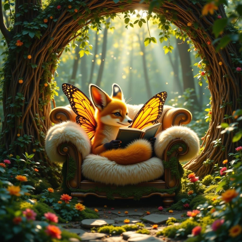 Whimsical Fox Creature in Enchanted Reading Nook