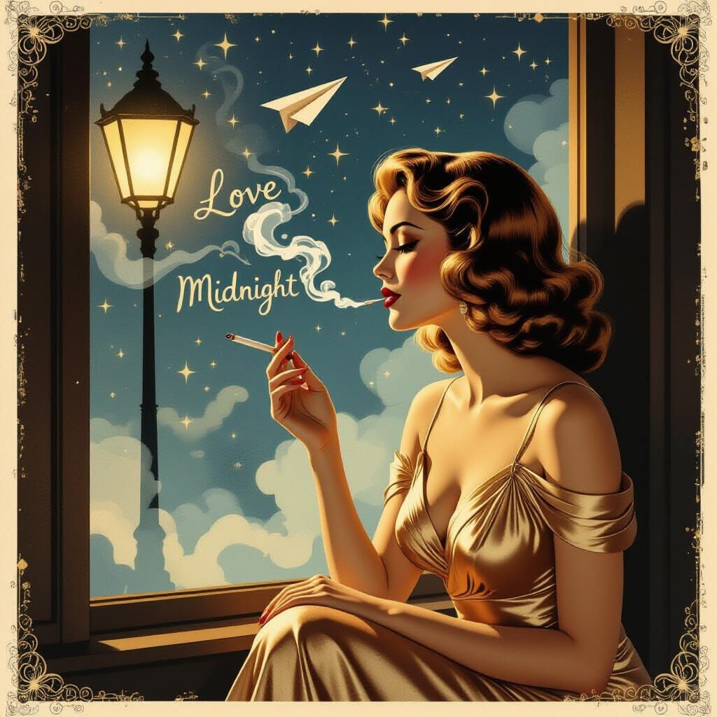 Glamorous Woman Smoking with Floating Words in Art Deco Styl...
