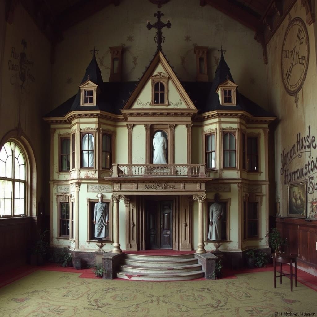 Surreal Horror House Scene with Ghostly Apparitions