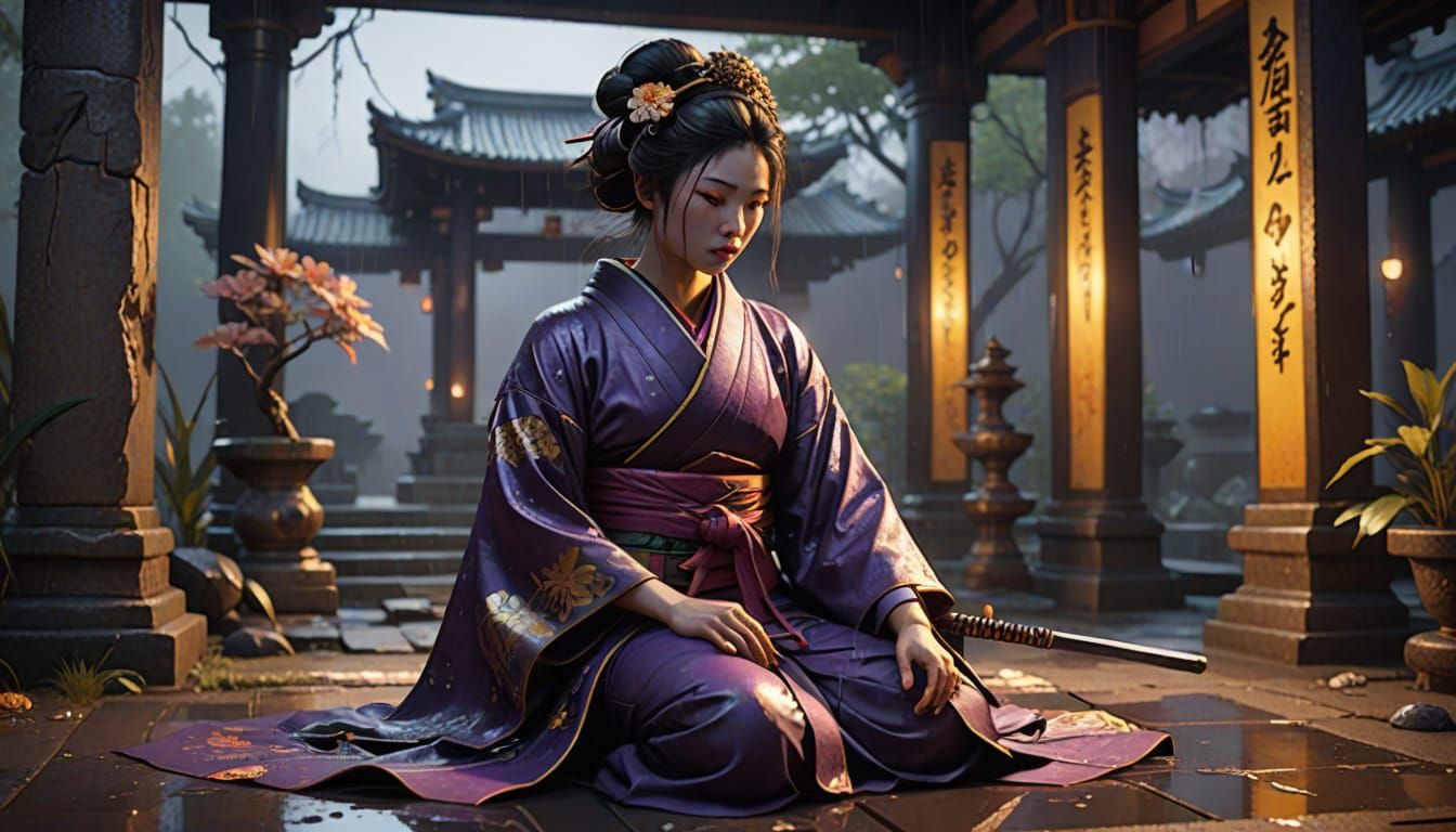 Geisha in Ruined Temple: Art Nouveau Dark Fantasy