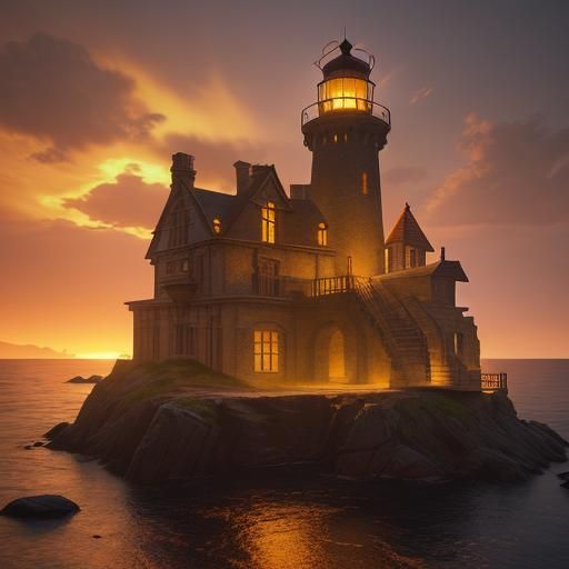 Lighthouse Silhouette at Sunset in Fantasy Realism