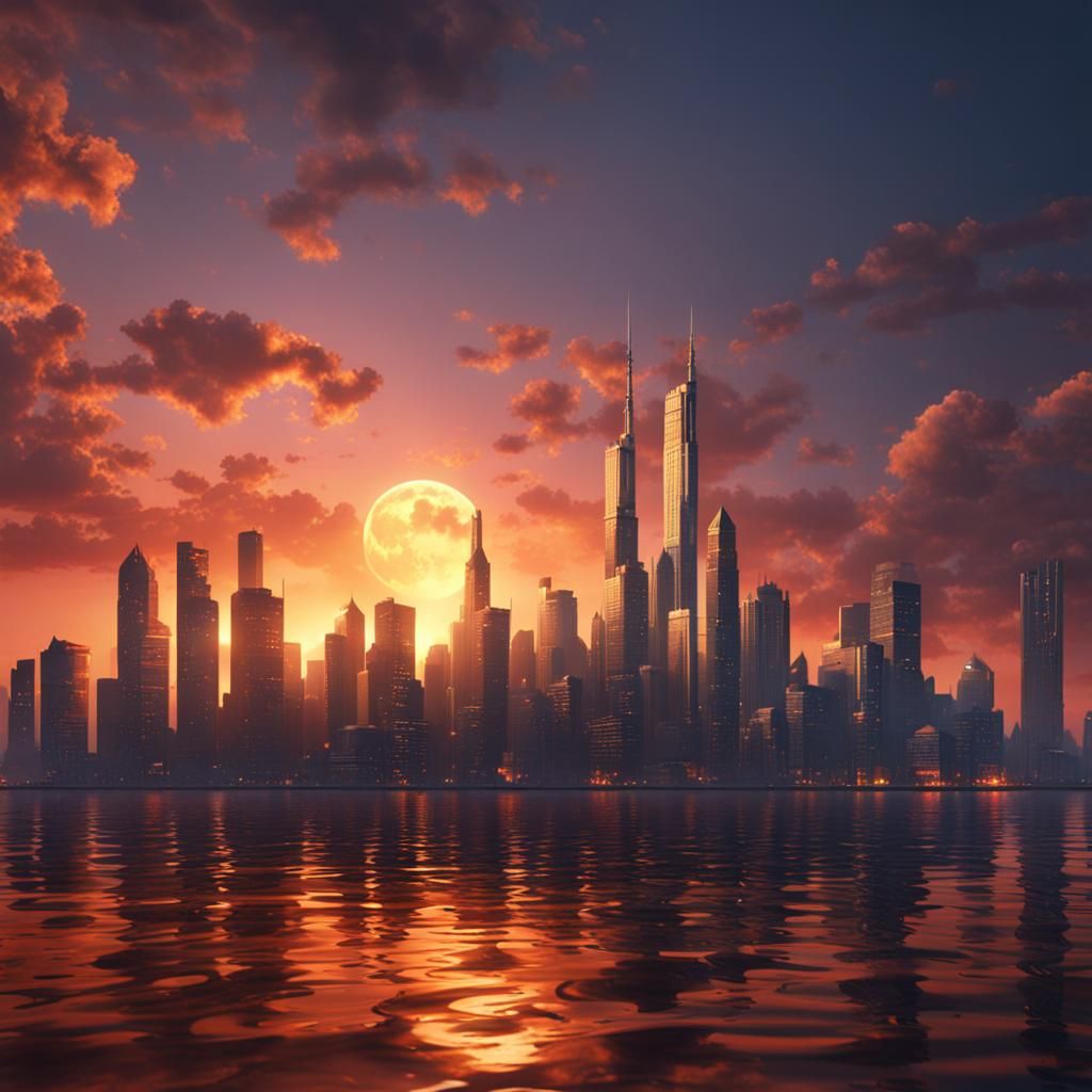 Sunset Cityscape: Detailed Matte Painting in Deep Color