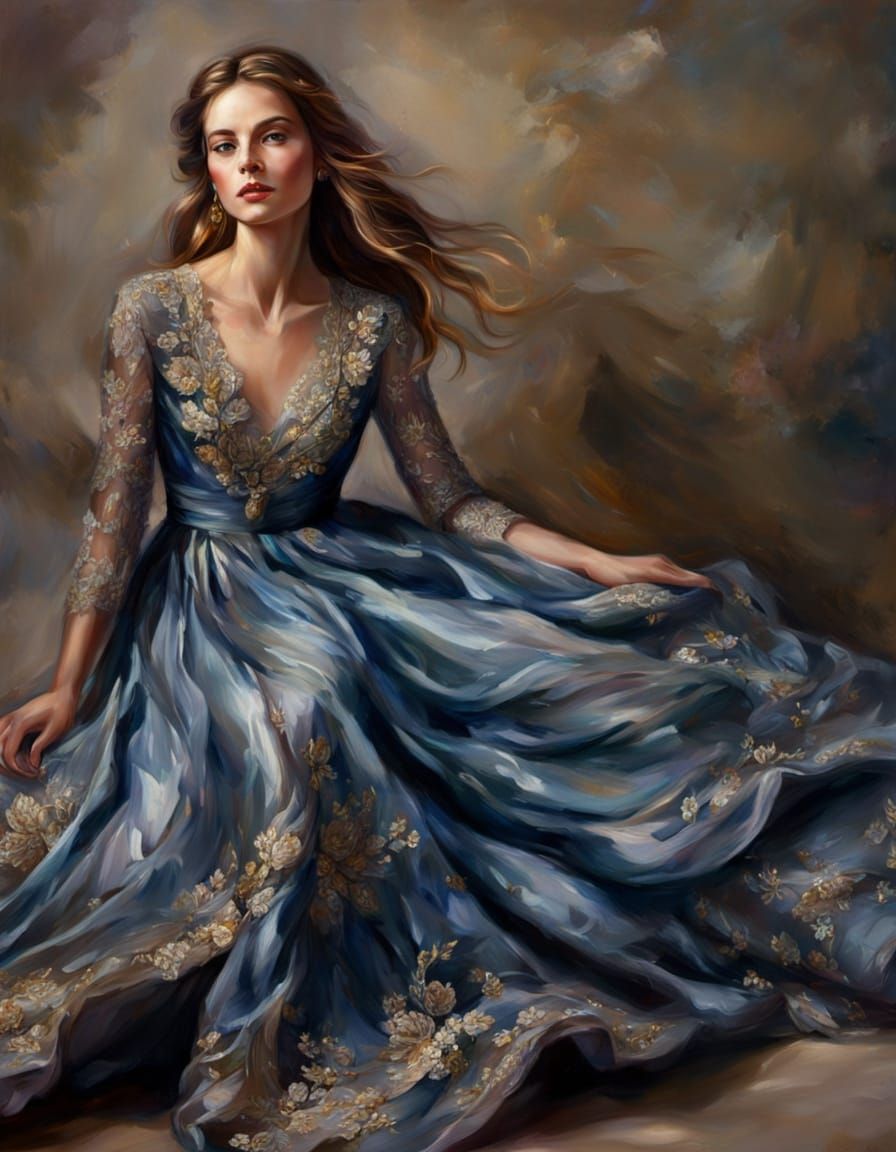Elegant Woman in Couture Gown: Oil Painting