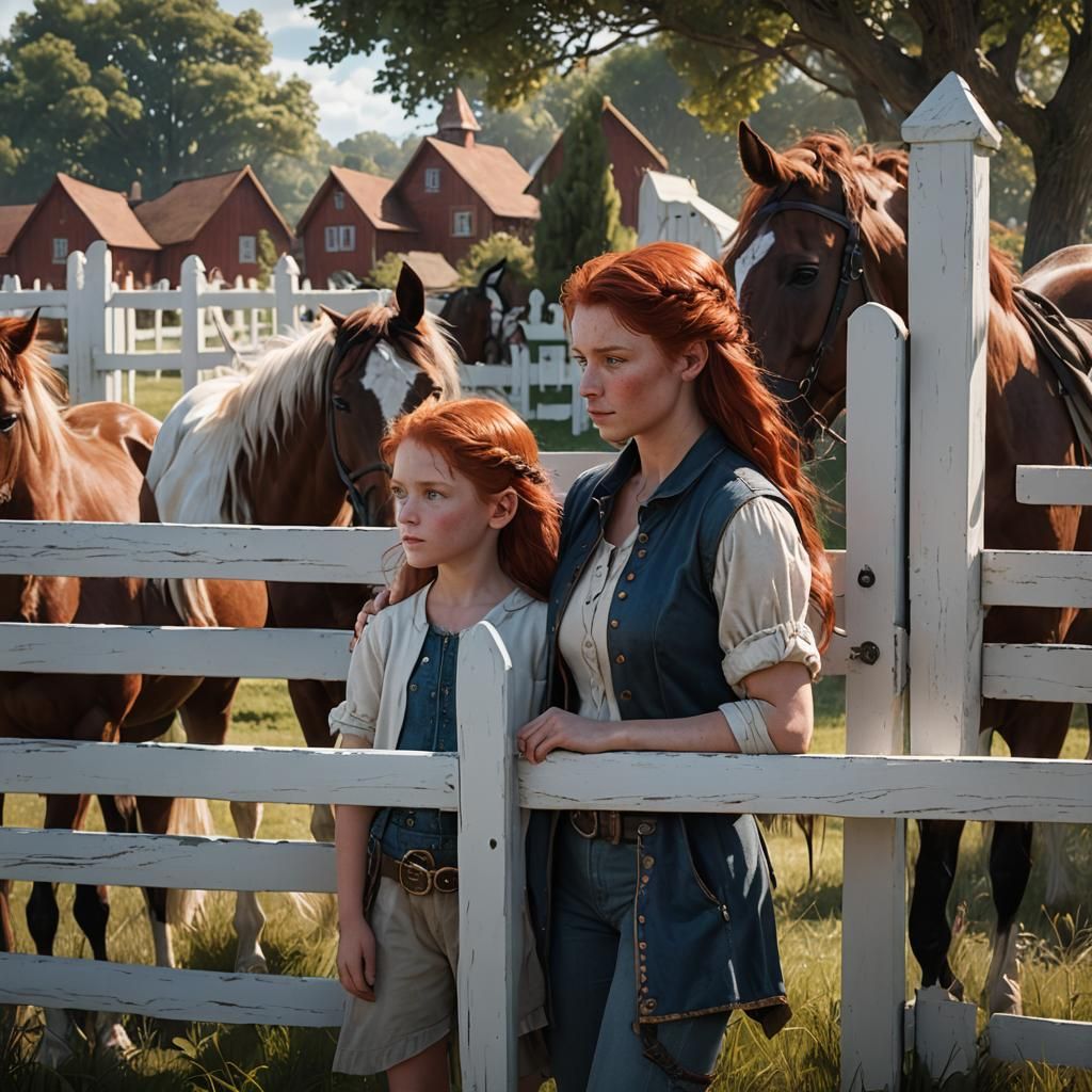 Young Girl and Mother Watching Horses