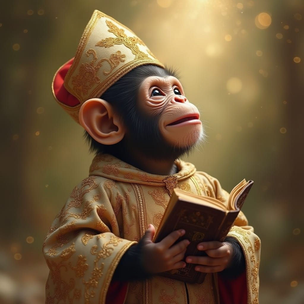 Baby Chimpanzee in Bishop Robe Contemplates Holy Scripture