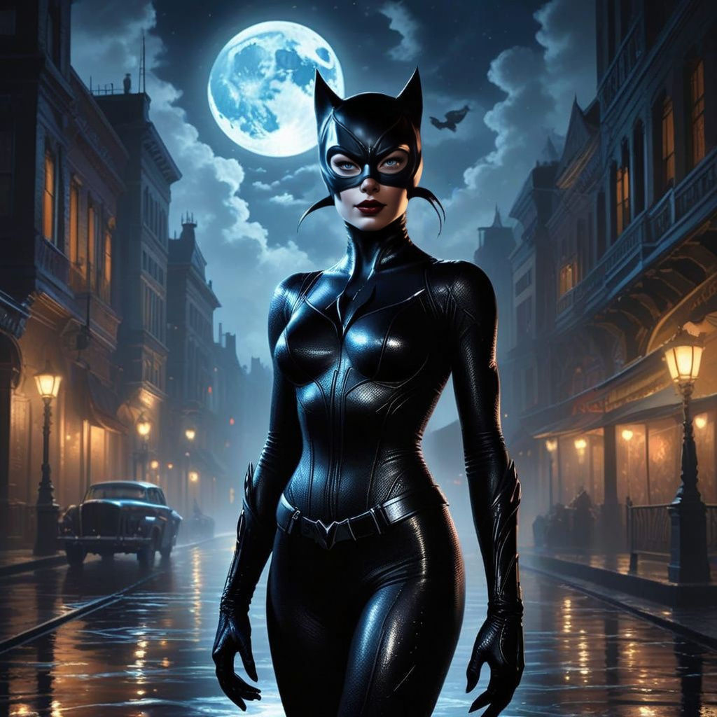 Sensuous Catwoman Backlit by Ethereal Moon in Oil Painting S...