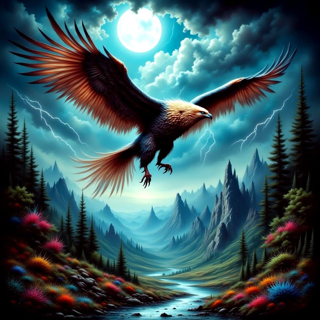 Majestic Griffin Soaring Through Stormy Skies