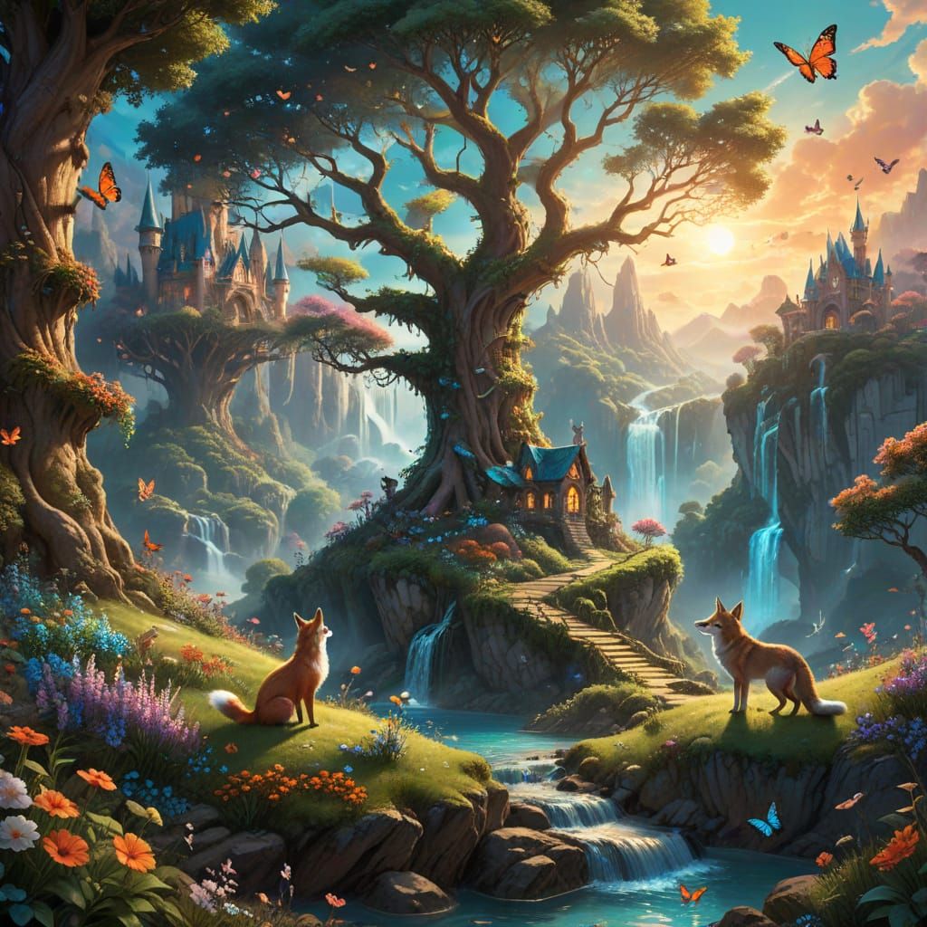 Whimsical Fantasy Landscape with Glowing Sun and Elven Castl...