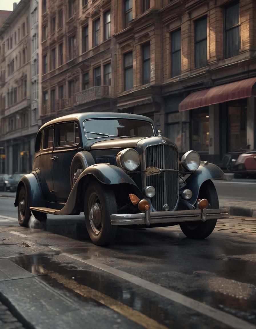 Classic Car in Modern City: Detailed Cinematic Portrait