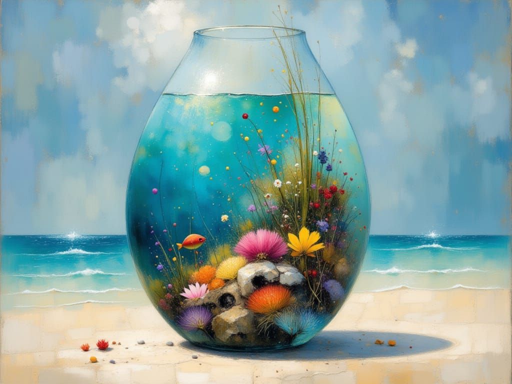 Underwater World in Glass Vase, Dreamlike Illustration