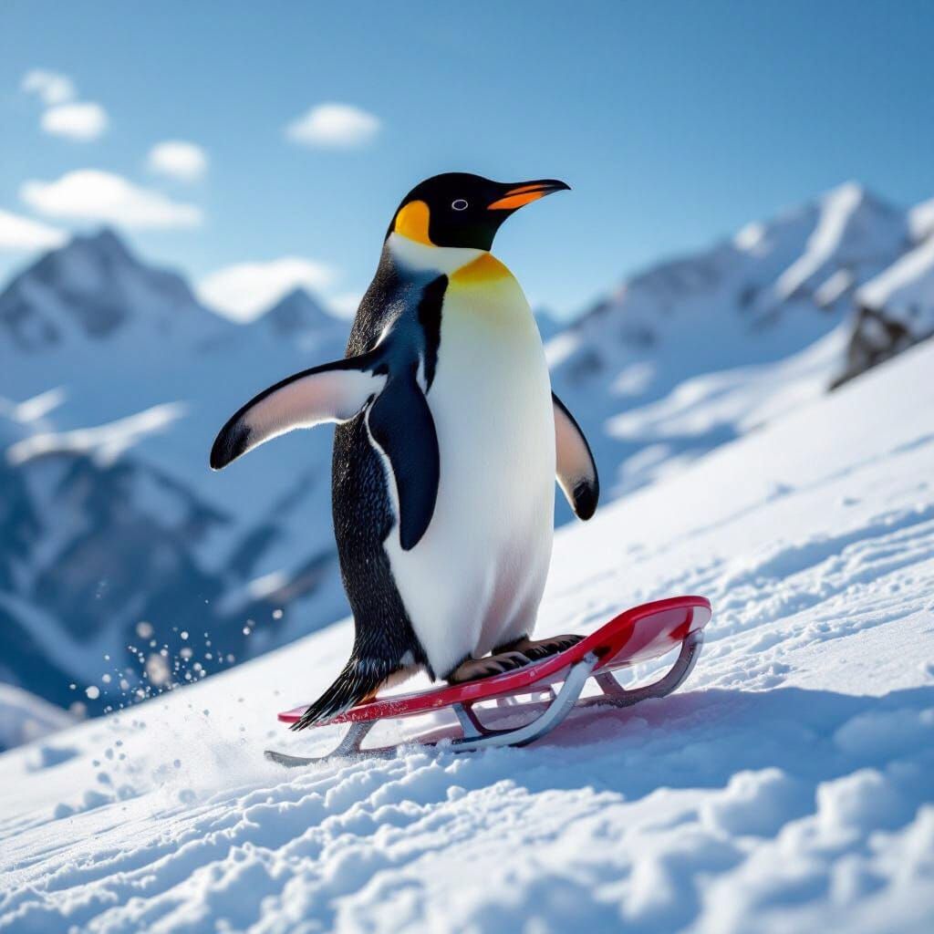 Hyper-Realistic Penguin Sledding on Snowy Hill