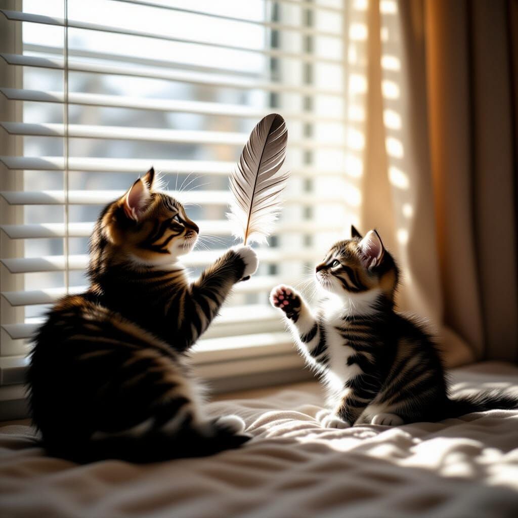 Playful Cat and Kitten with Feather