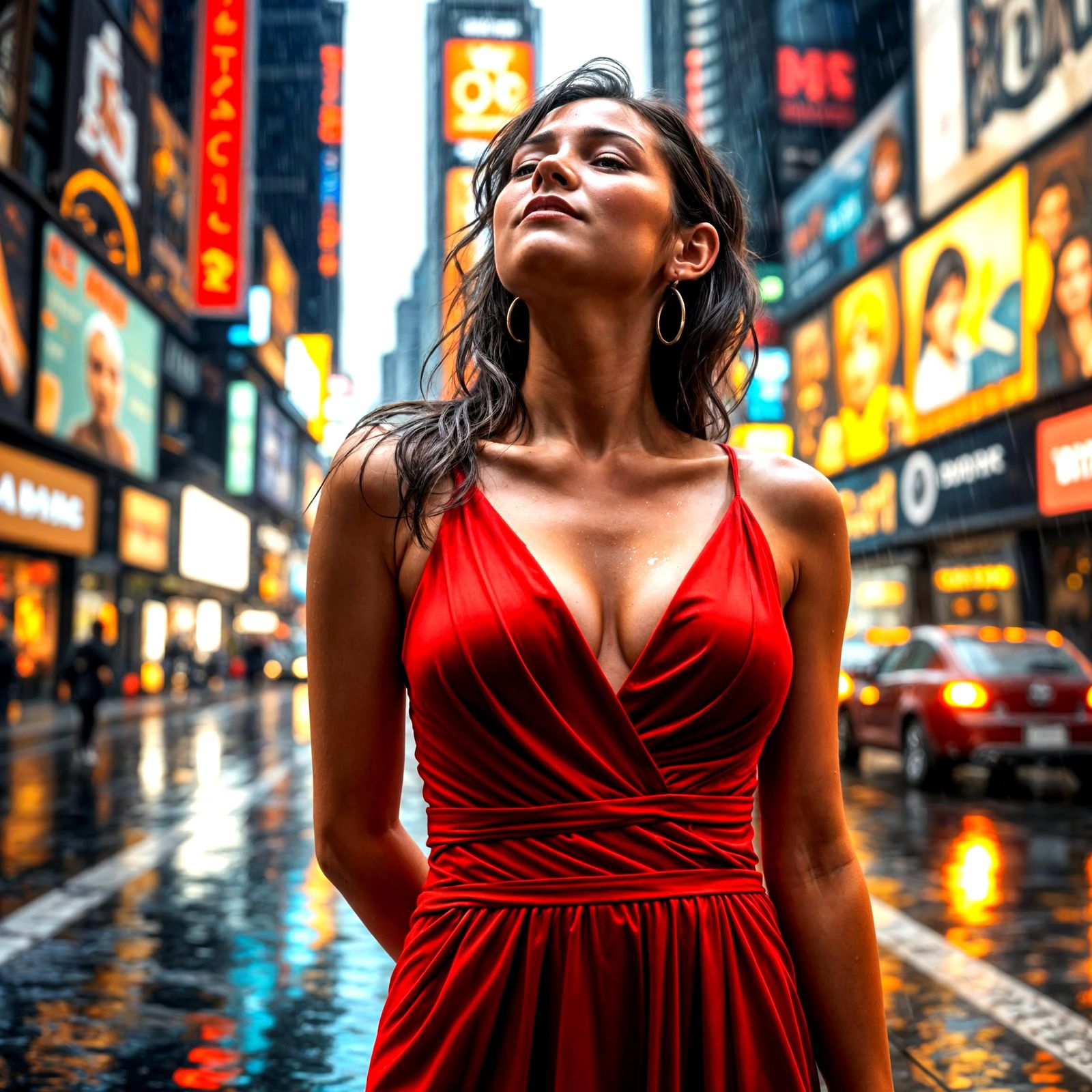 Rainy Times Square Goddess in Vibrant Red Dress