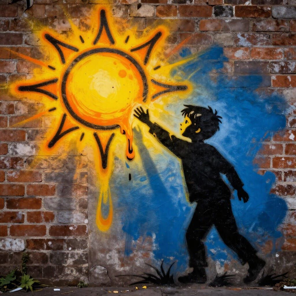 Child Reaches for Melting Sun in Street Art Style