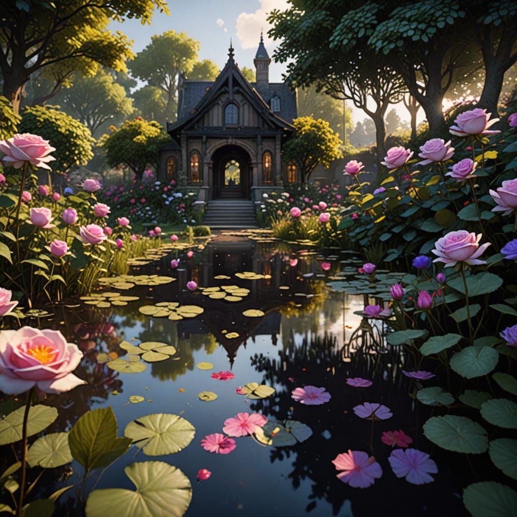 Fantasy Garden Pond with Roses in Art Nouveau Style