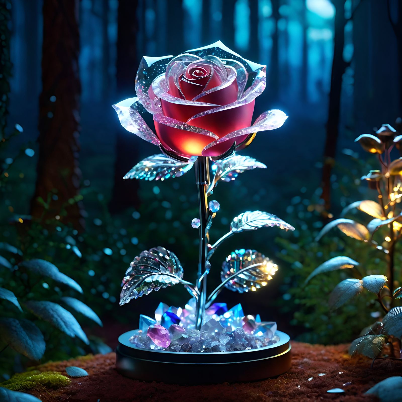 Crystallized Rose in Magical Forest at Night
