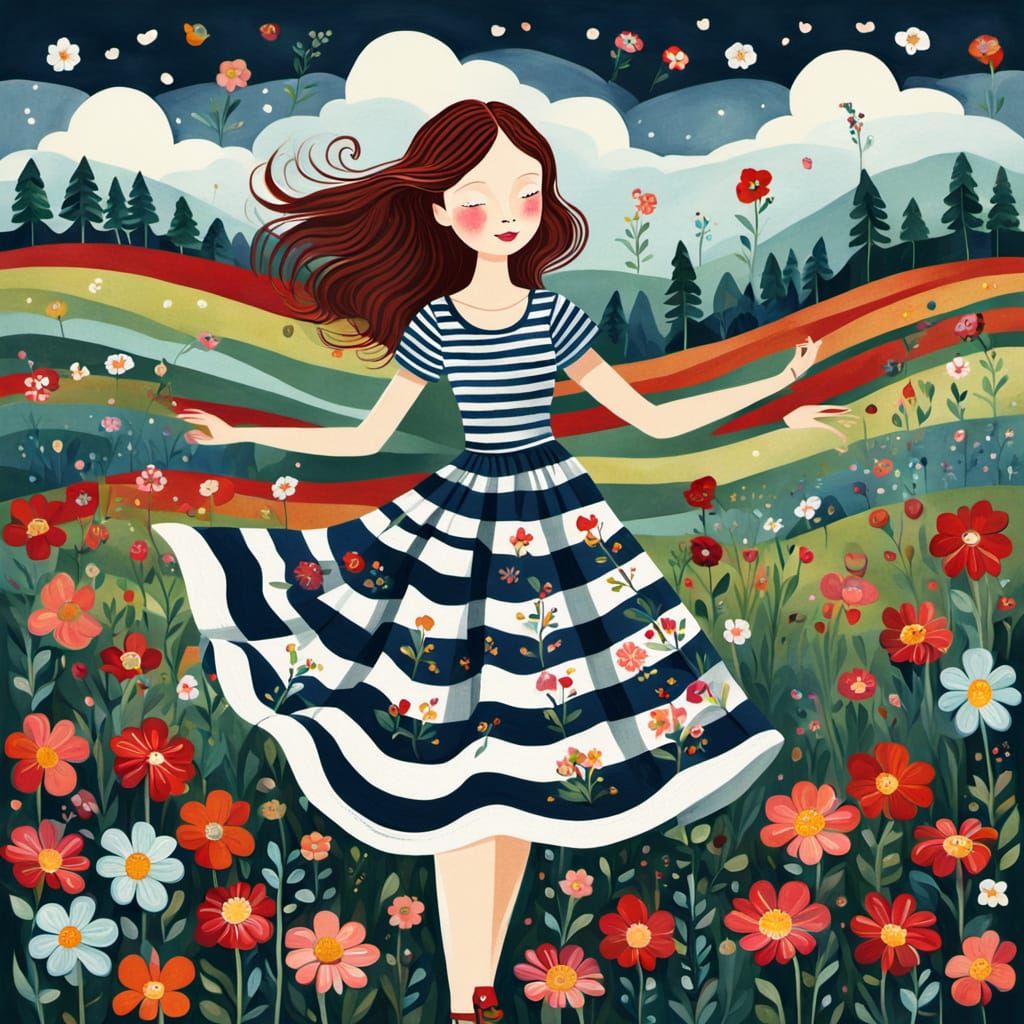 A woman in a striped dress dancing on a meadow