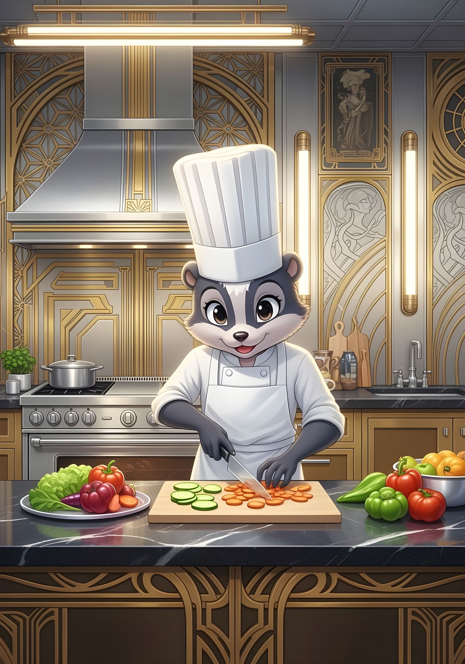 Art Deco Skunk Chef Prepares Vegetables