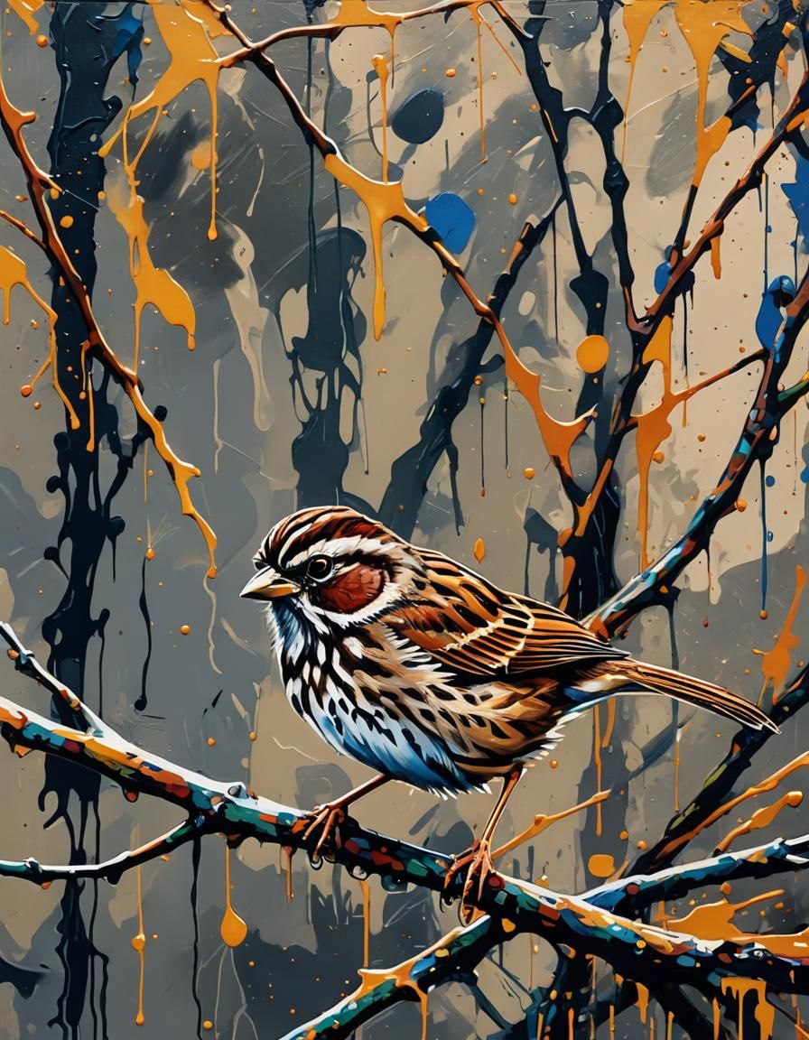 Song Sparrow Street Art with Polychromatic Hues