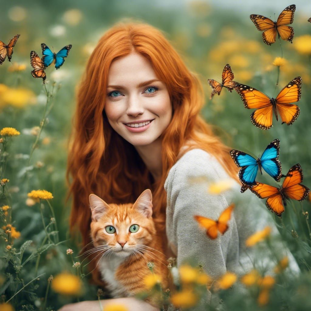 Ginger Cat Woman in Flower Meadow: Professional Photography
