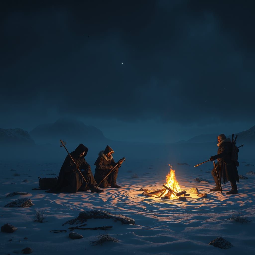 Dark Arctic Fantasy Camp Scene in Deep Color