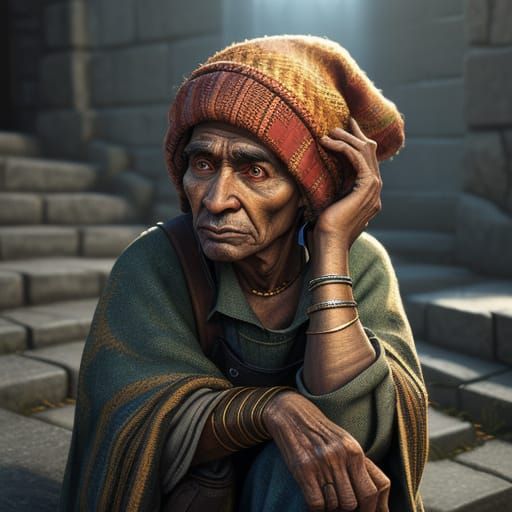 Vibrant Beggar in Striped Hat, Pixar-Inspired Concept Art