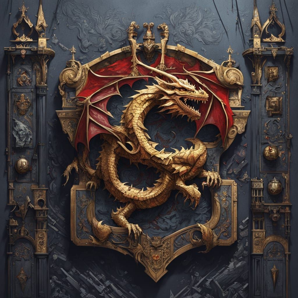 Majestic Dragon Family Crest Shield in Darkened, Golden Ligh...