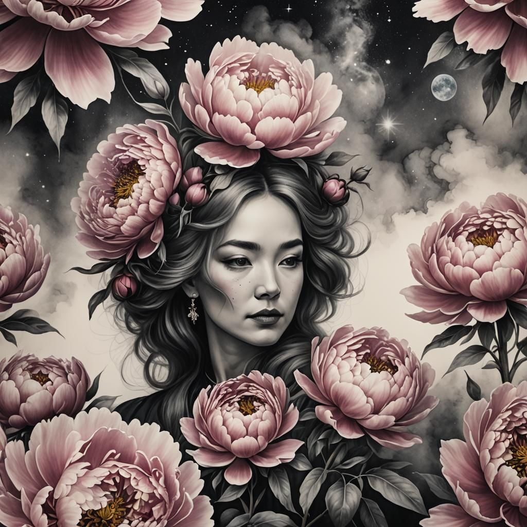 Ultra Realistic Cosmic Peony Queen Charcoal Drawing