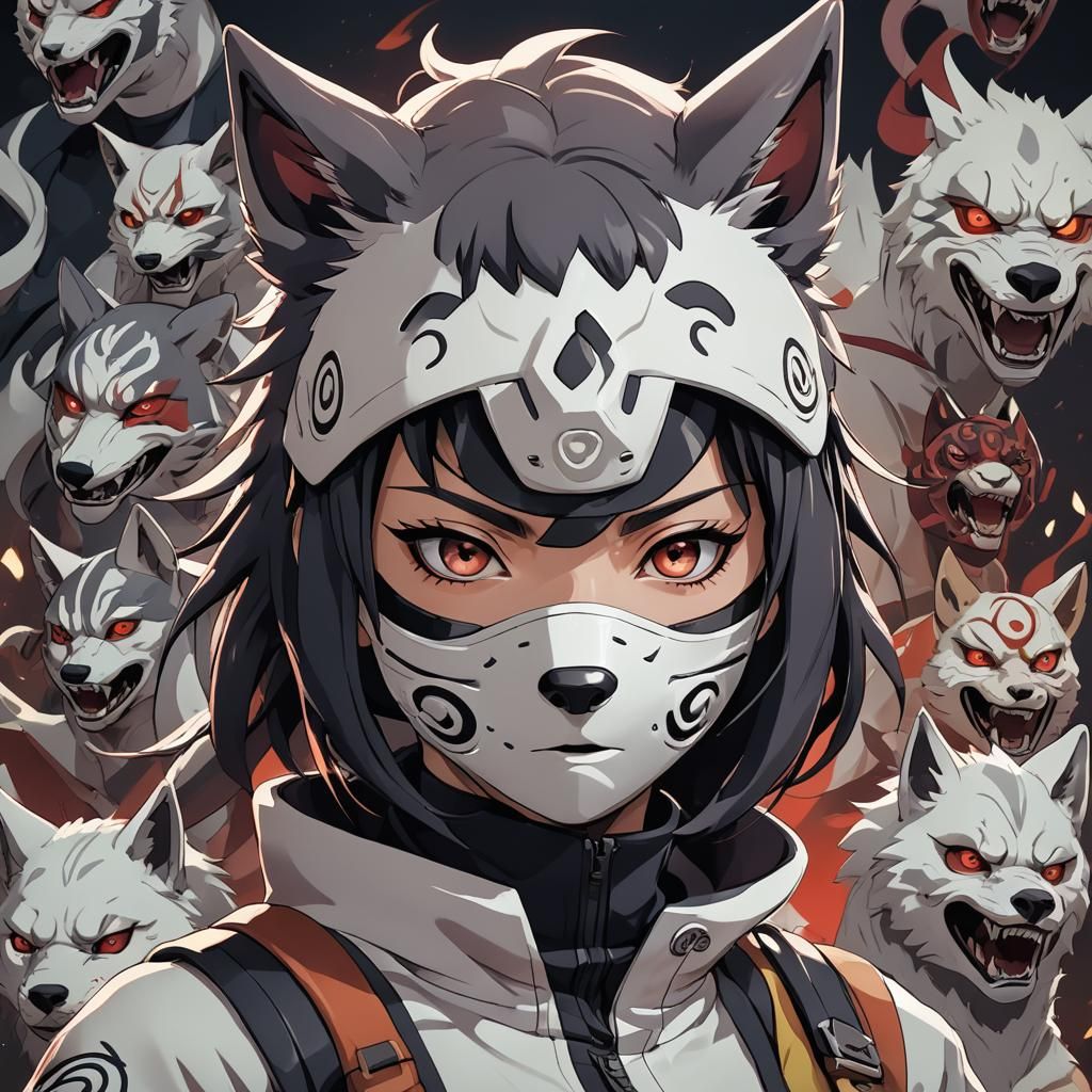 Anime Ninja Girl with Wolf Mask in Naruto Style