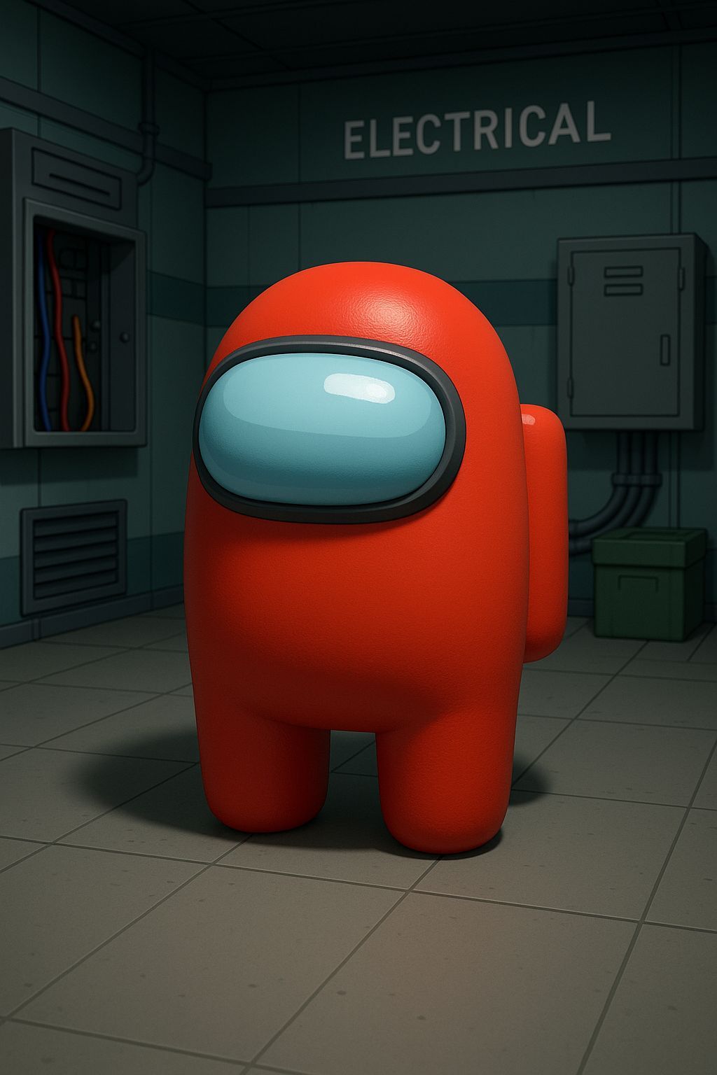 Red Among Us Character in Electrical Room, Unity Style