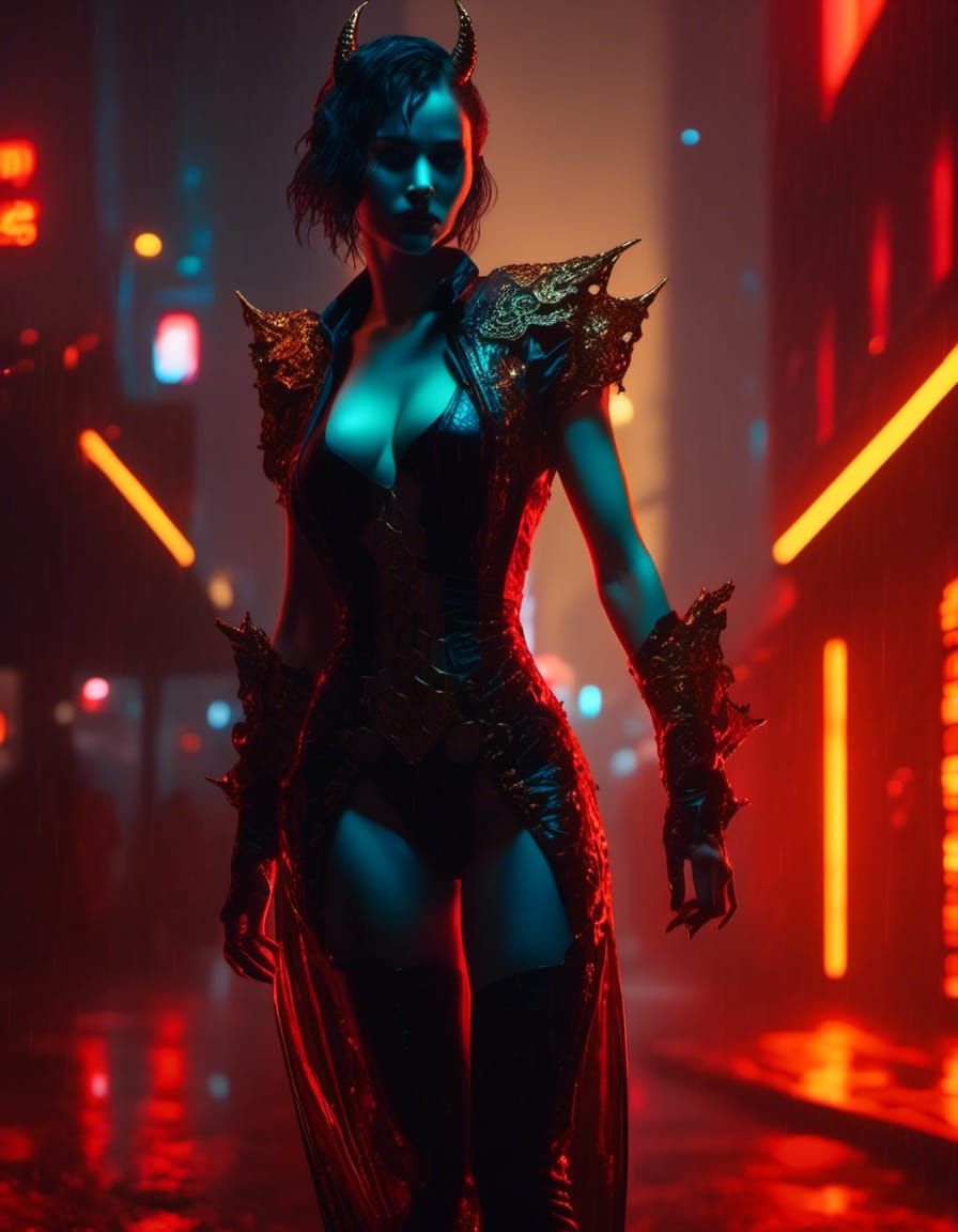 Cyberpunk Demon Girl Portrait in Film Noir Style