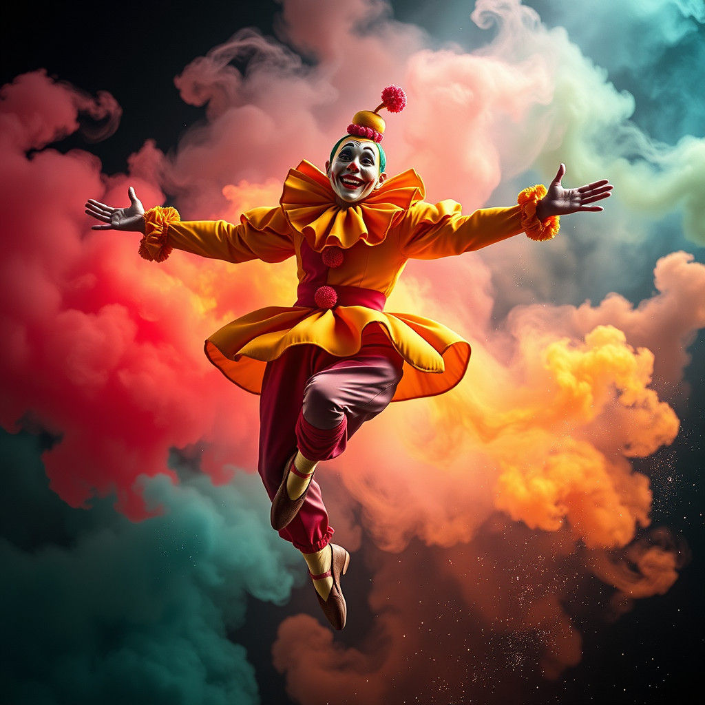 Acrobatic Clown Dancer Soaring in Fantasy Matte Painting