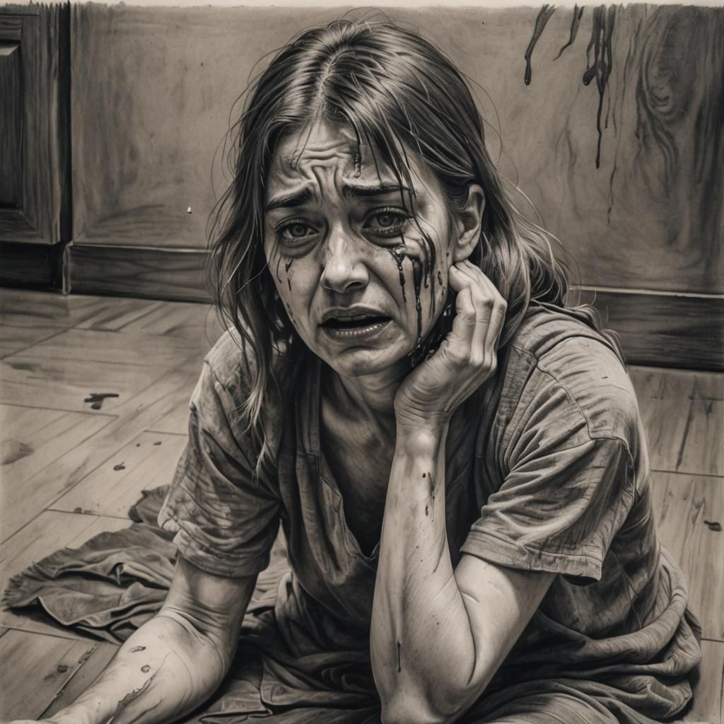 Distressed Girl: Hyperdetailed Charcoal Drawing