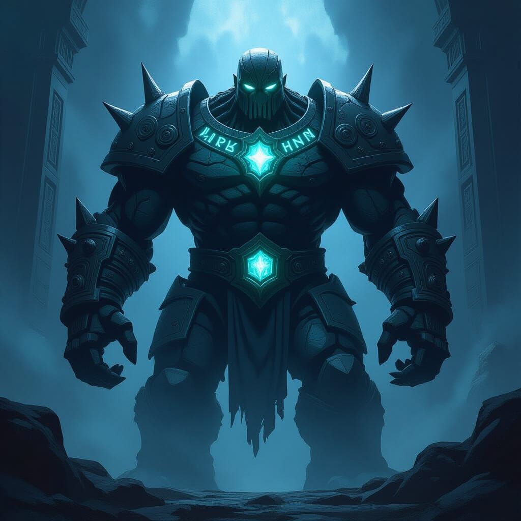 Obsidian Golem With Glowing Runes Stands Sentinel