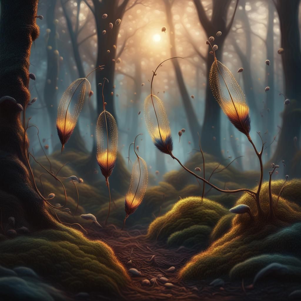 Glowing Seeds in Misty Forest: Hyper-Realistic Fantasy