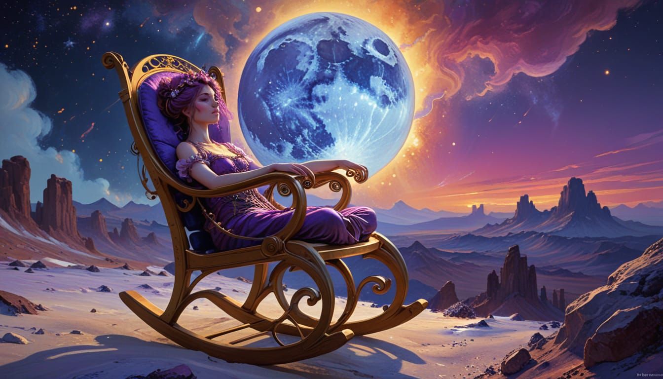 Rocking Chair on the Moon in Watercolor Style