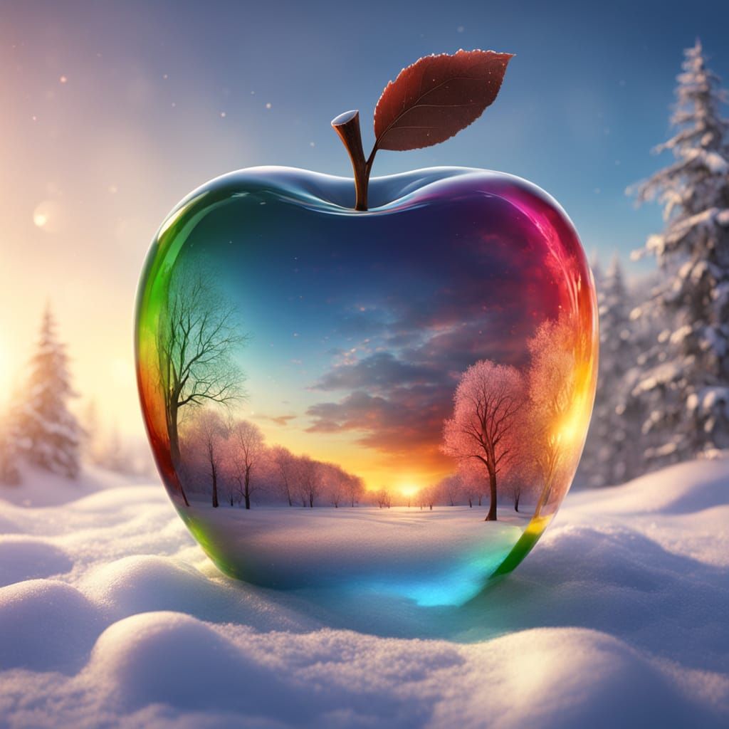 Rainbow Glass Apple in Winter Scene: Fantasy Art