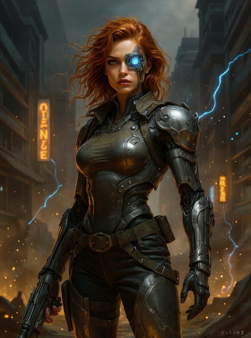 Cyborg Warrior in Dystopian City, Gritty Digital Art