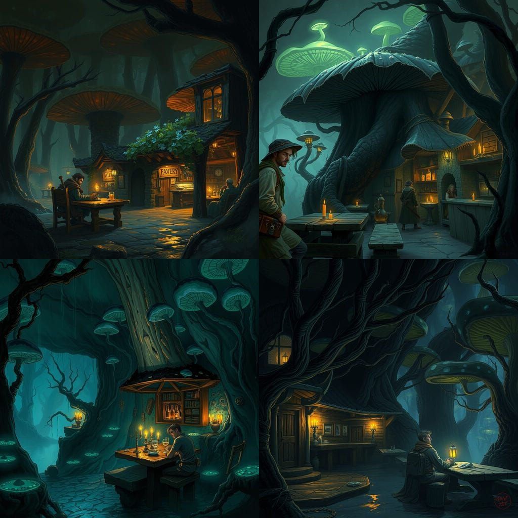 Dark Fantasy Tavern in Bioluminescent Mushroom Forest