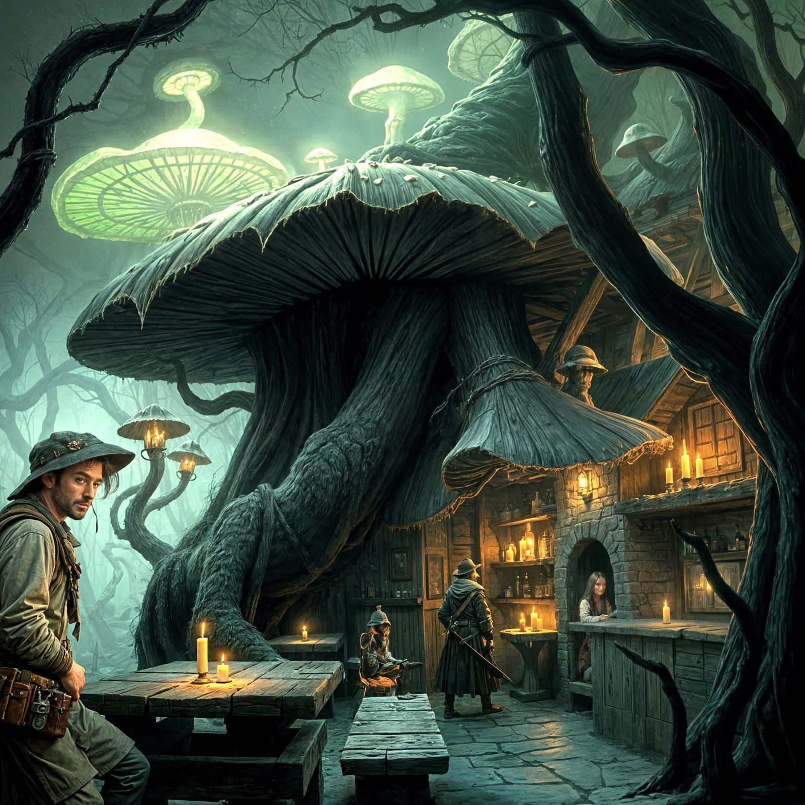 Ancient Tavern in Bioluminescent Mushroom Forest