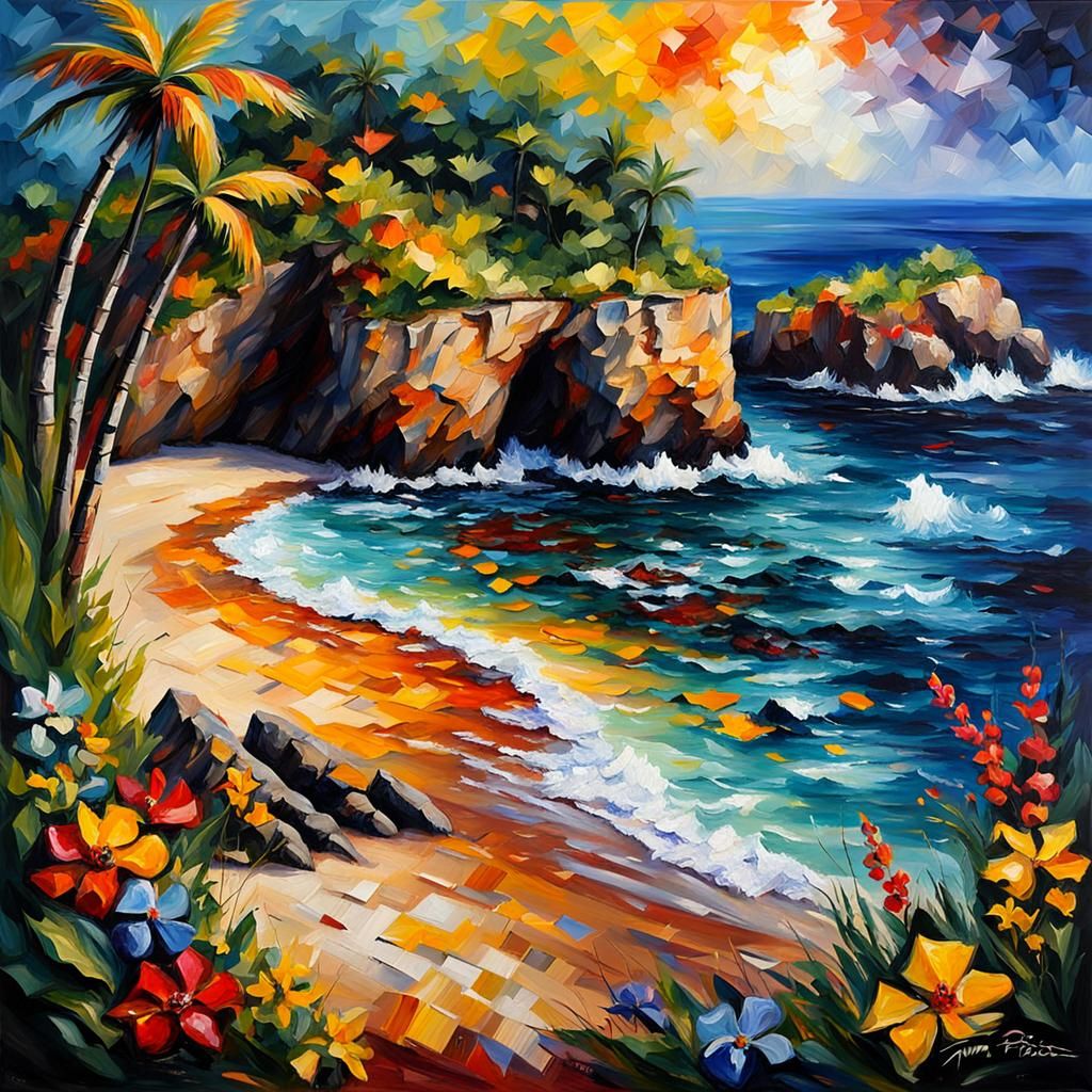 Surreal Beach Cove Impasto Painting