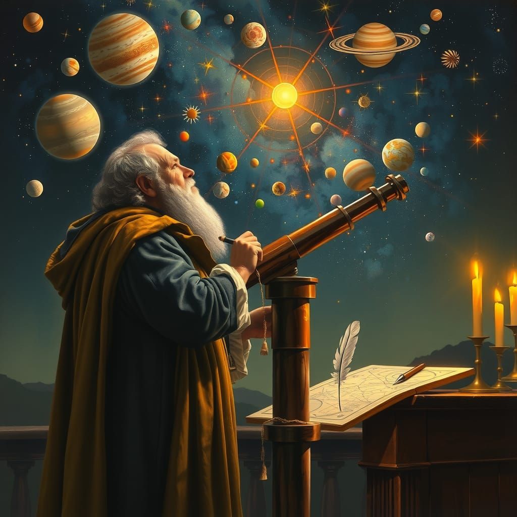 Galileo Observes Night Sky as Oil Painting