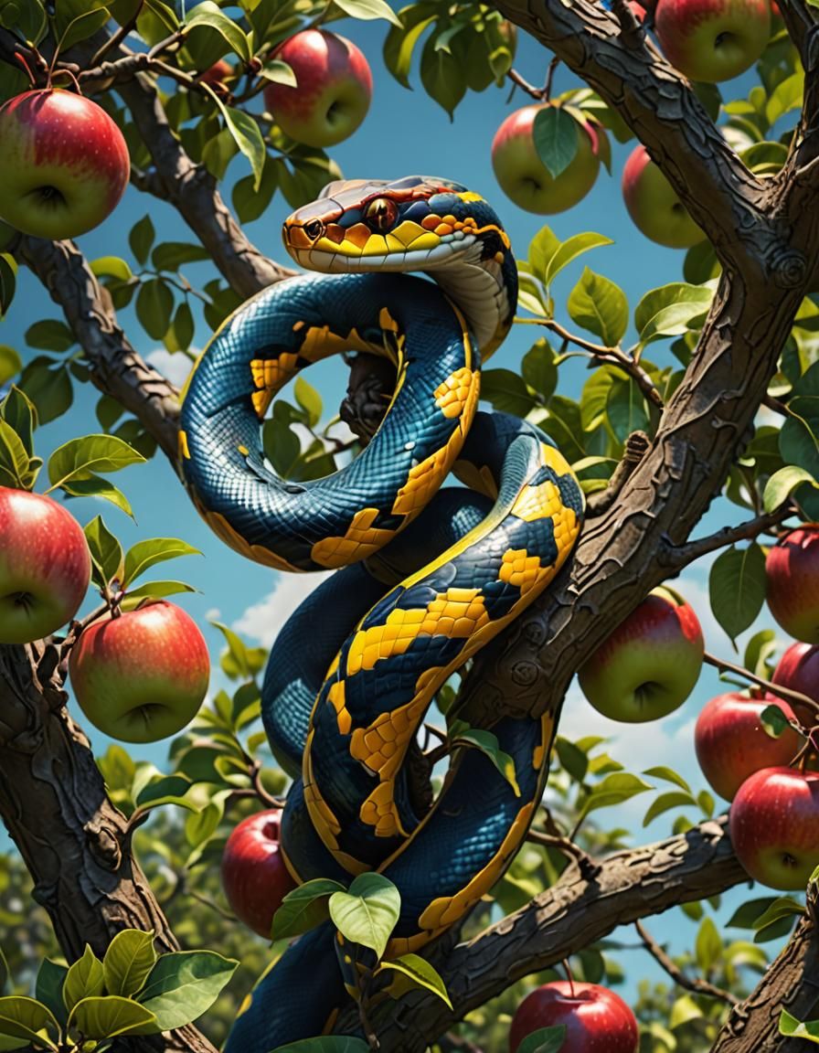 Colorful Snake in Apple Tree with Adam and Eve