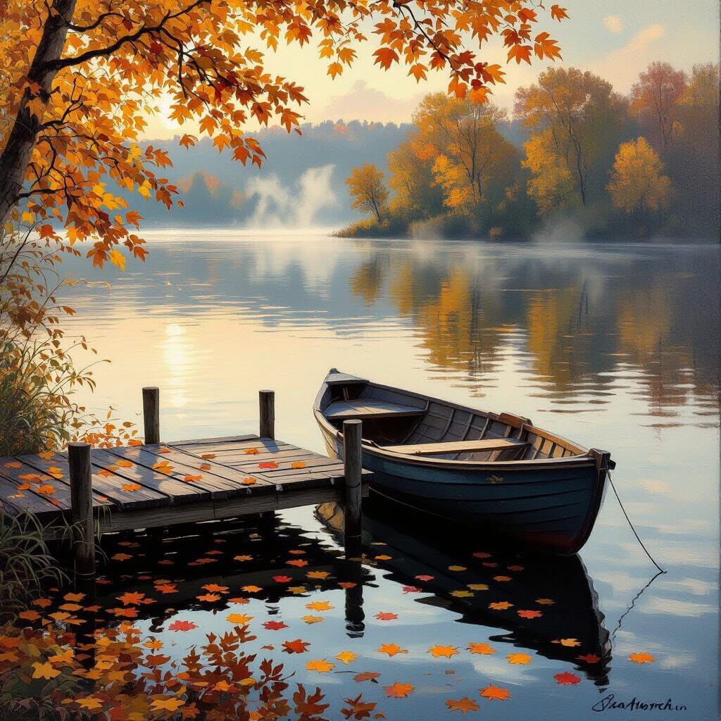 Autumn Lakeside Serenity: Impressionistic Oil Painting